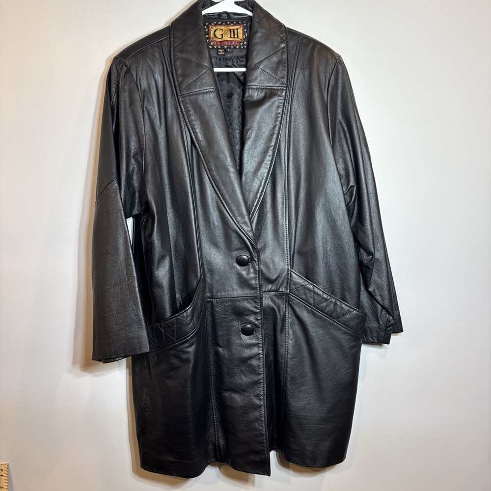Vintage G-III Black Leather Collared‎ V-Neck Sleeves Buttons Pockets Lined Large